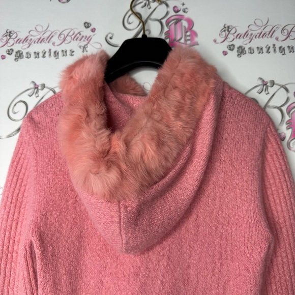 Bebe Pom Pom angora rabbit fur trim hood zip up sweater hoodie pink coral y2k - Picture 11 of 15
